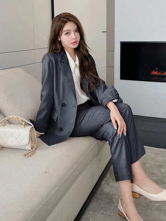 Fashion Spring Autumn Formal 2 Piece Outfit Suits Women Ladies Clothes Commute Casual Solid Tops Coat Blazer Suit Long Pants Set