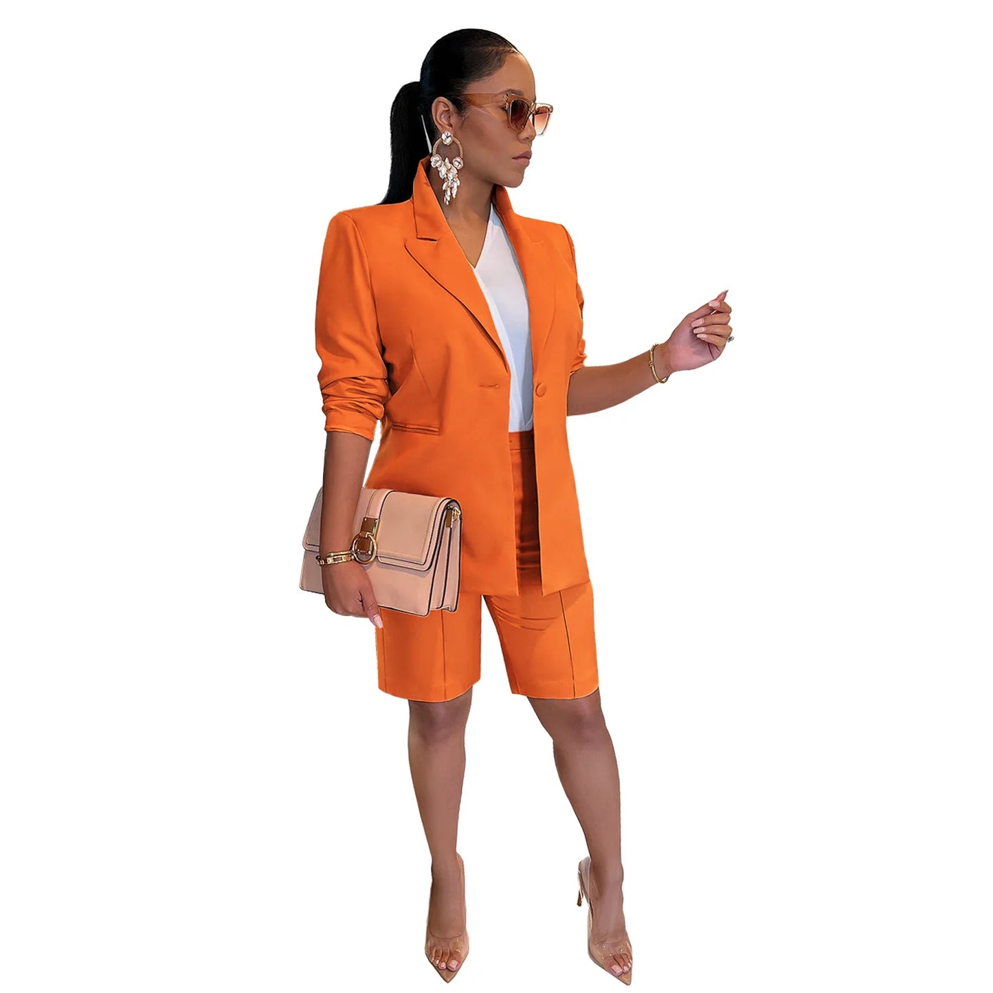 Office Lady Elegant Business Suits Solid Casual Two Piece Set For Women Matching Sets Outfits Long Sleeve Blazer Coat And Shorts