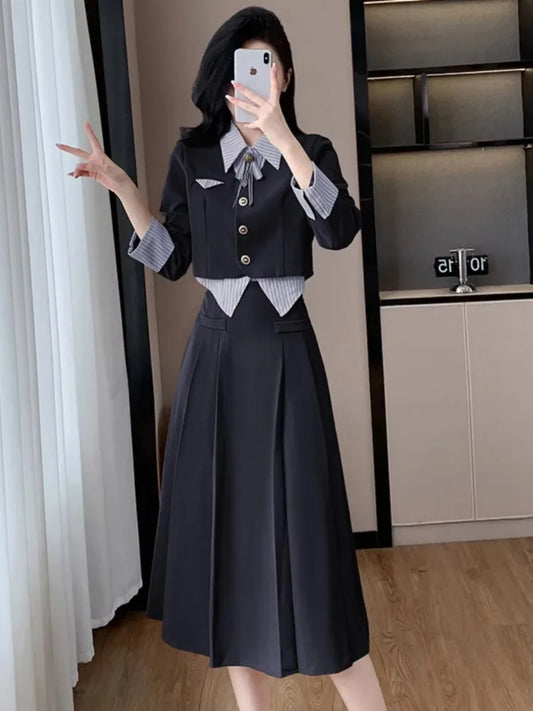 Insozkdg Autumn Winter New Blazer Skirt 2-Piece Set Women High-End Academy Style Korean Outfit Sets Female Office Lady Clothing