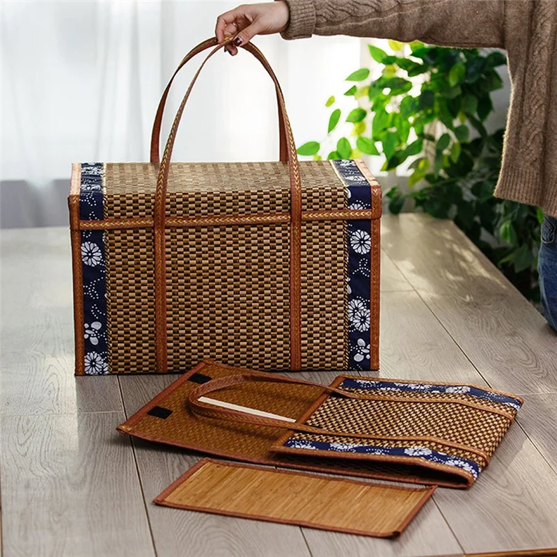 NOCM Picnic Woven Basket Wicker Storage Bag Handle Folded Fruit Shopping Food Handle Rattan Grass Foldable Bamboo Basket