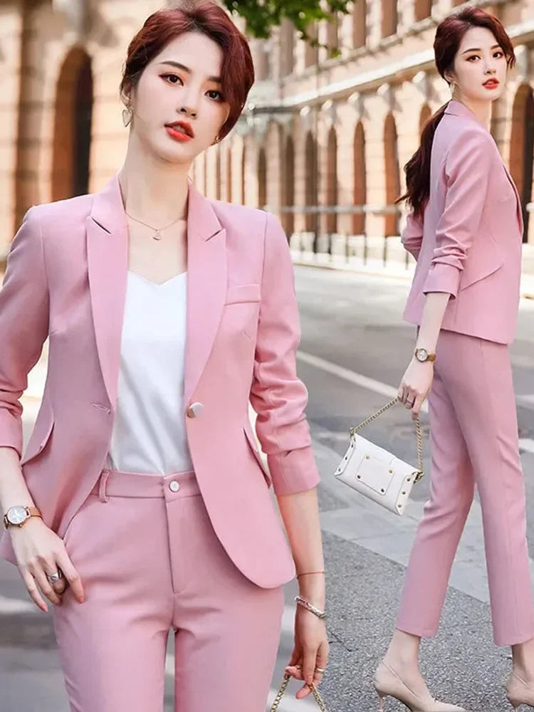 Korean Formal Skinny Long Sleeve Cardigan Tops Blazer Conjuntos Ol High Waist Straight Pants Outfit Women Office 2 Pieces Sets