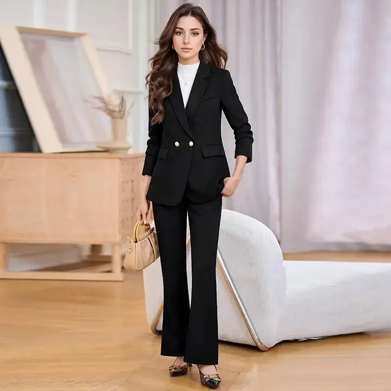 Pop Autumn Elegant Formal Business Blazer Suit Pant Sets For Women 2 Pieces Long Sleeve Jacket Trousers Sets Plus Size Outfit