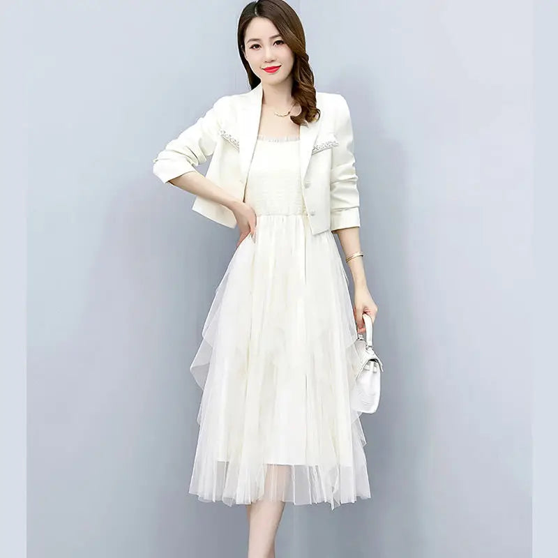 2025 Spring Autumn New Diamond-studded Short Suit Coat Dress Two-piece Women's Elegant Blazers Slim Suspender Mesh Skirt Set