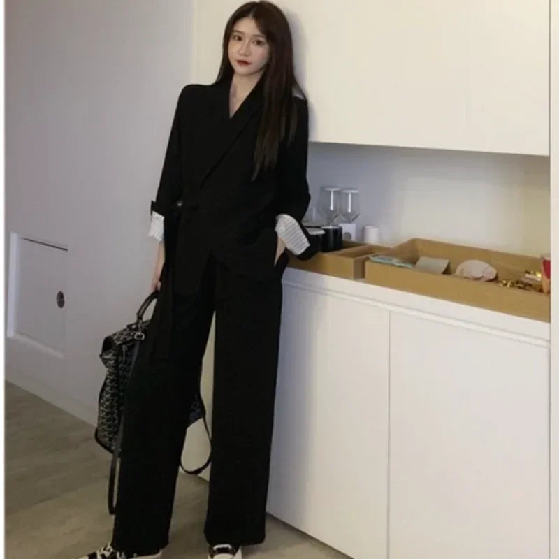 Insozkdg Vintage Two Piece Sets Lapel Loose Lace-up Blazers Tops + Wide Leg Pants Set 2024 Autumn Female Outfits Suit Set Women