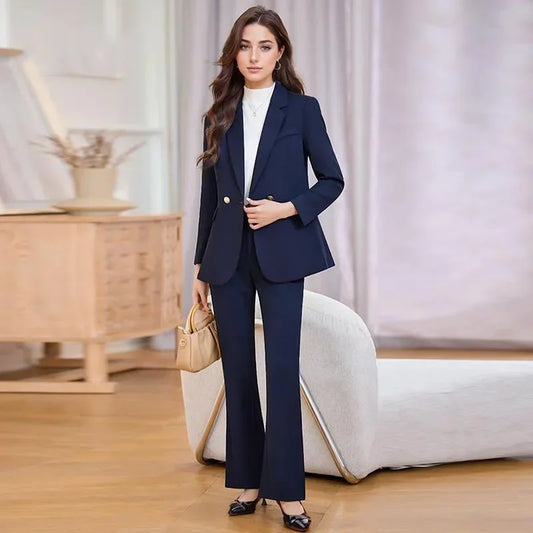 Pop Autumn Elegant Formal Business Blazer Suit Pant Sets For Women 2 Pieces Long Sleeve Jacket Trousers Sets Plus Size Outfit