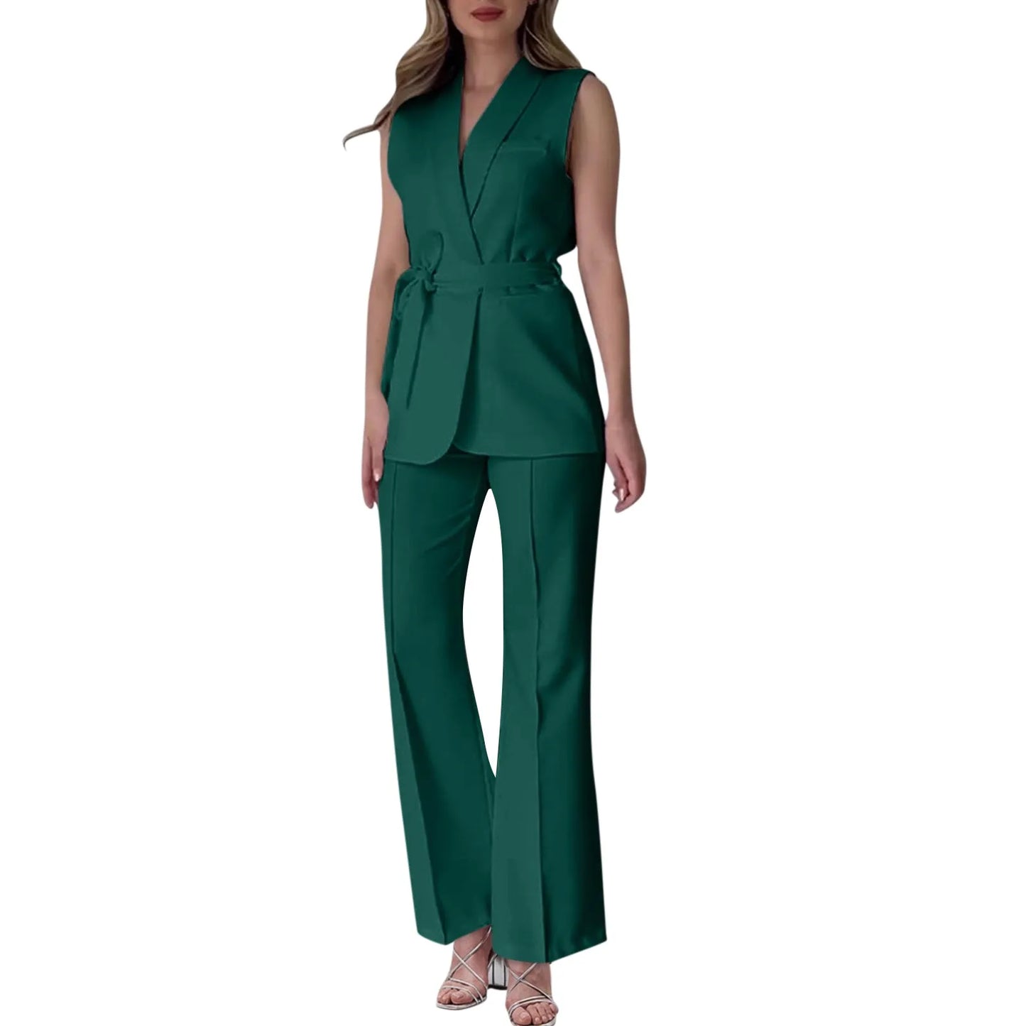 Chic Two-Piece Women's Set Button-Detail Vest with Lapel Neck & Tailored Trousers Versatile Outfit for Work and Sophisticated