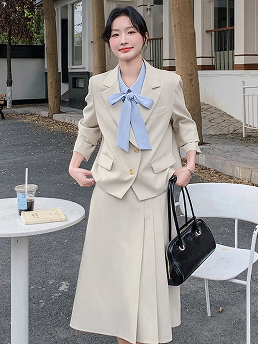Women's Elegant Fashion Formal 2 Piece Outfit Professional Loose Tops Coat Blazer Pleated Skirt Suit Sets Casual Business Spring
