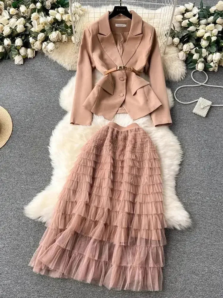 Pop 2024 Fashion Designer Suit Set Women's Notched Khaki Blazer Belt Jacket Coat + Midi Tulle Mesh Cake Skirt Two Piece Outfits