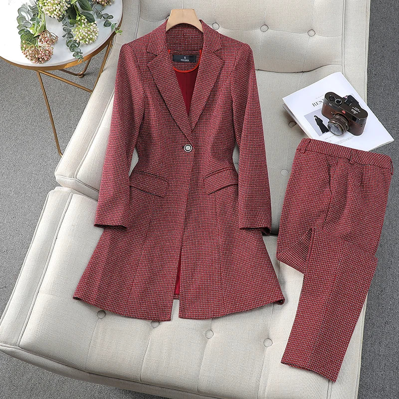 Autumn Winter Women Formal Office Lady Business Two Pieces Set Slim Plaid Blazer Long Coat And High Waist Ankle-length Pant Suit