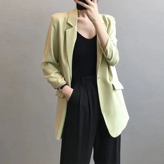 Chiffon Suit Coat Women's 2024 Summer New Korean Loose White Thin Long Blazers Jacket Solid Color Sunscreen Shirt Women Blazer