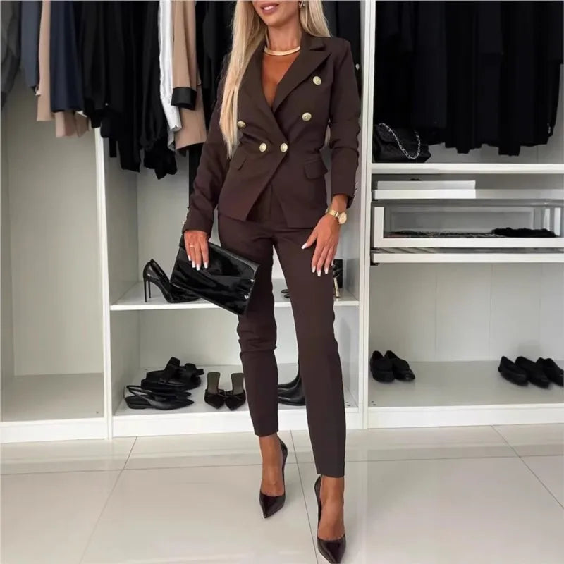 Office 2 Piece Sets Woman Spring Fall Fashion V-neck Long Sleeve Blazer Coat Elegant Trousers Set Slim Temperament Suit Outfit