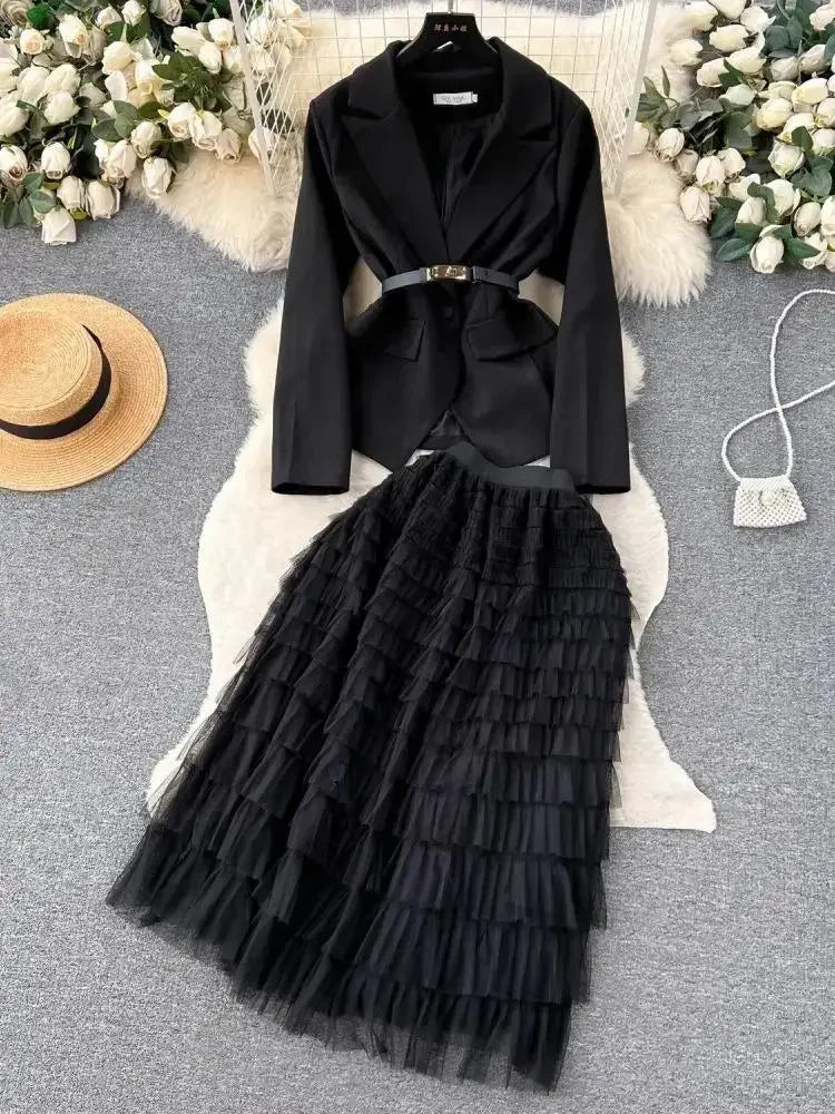 Pop 2024 Fashion Designer Suit Set Women's Notched Khaki Blazer Belt Jacket Coat + Midi Tulle Mesh Cake Skirt Two Piece Outfits