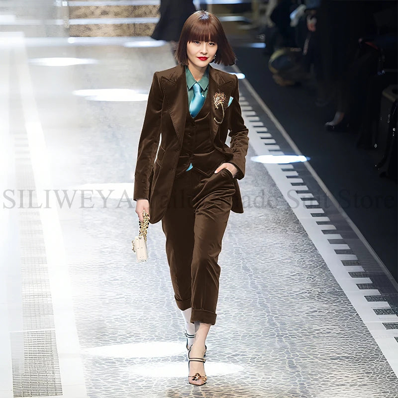 Luxury Green Velvet Winter Clothes for Women 3 Pieces Jacket Pants Vest Female Suits Formal Office Banquet Lady's Blazers Sets