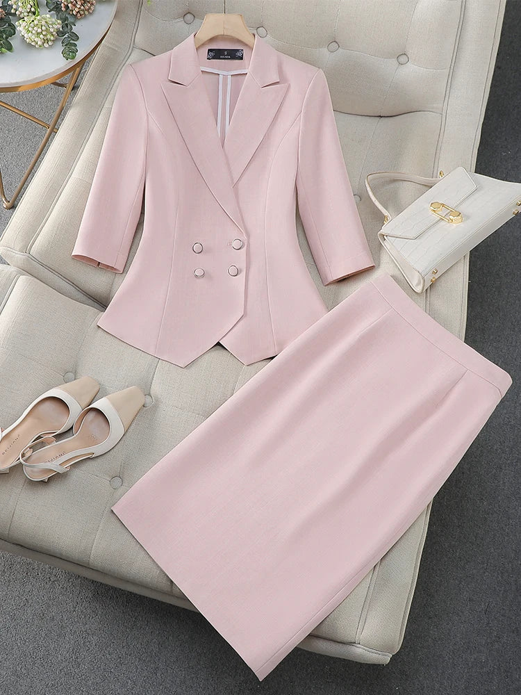 Fashion Women Formal Blazer Skirt Suit Ladies Blue Apricot Pink Female Two Piece Set For Spring Summer