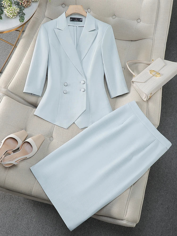 Fashion Women Formal Blazer Skirt Suit Ladies Blue Apricot Pink Female Two Piece Set For Spring Summer