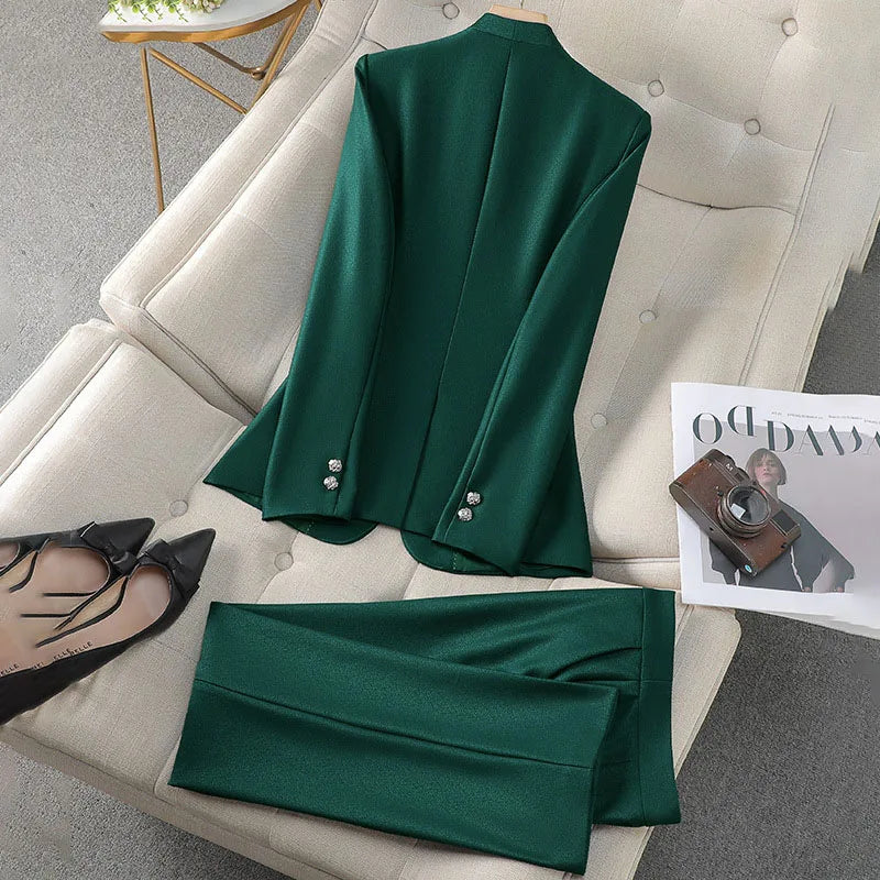 Elegant Single Button Blazer Suit Pant Sets for Women 2 Pieces Business Formal Office Outfit Autumn Plus Size Jacket Trousers