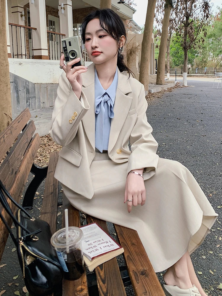 Women's Elegant Fashion Formal 2 Piece Outfit Professional Loose Tops Coat Blazer Pleated Skirt Suit Sets Casual Business Spring
