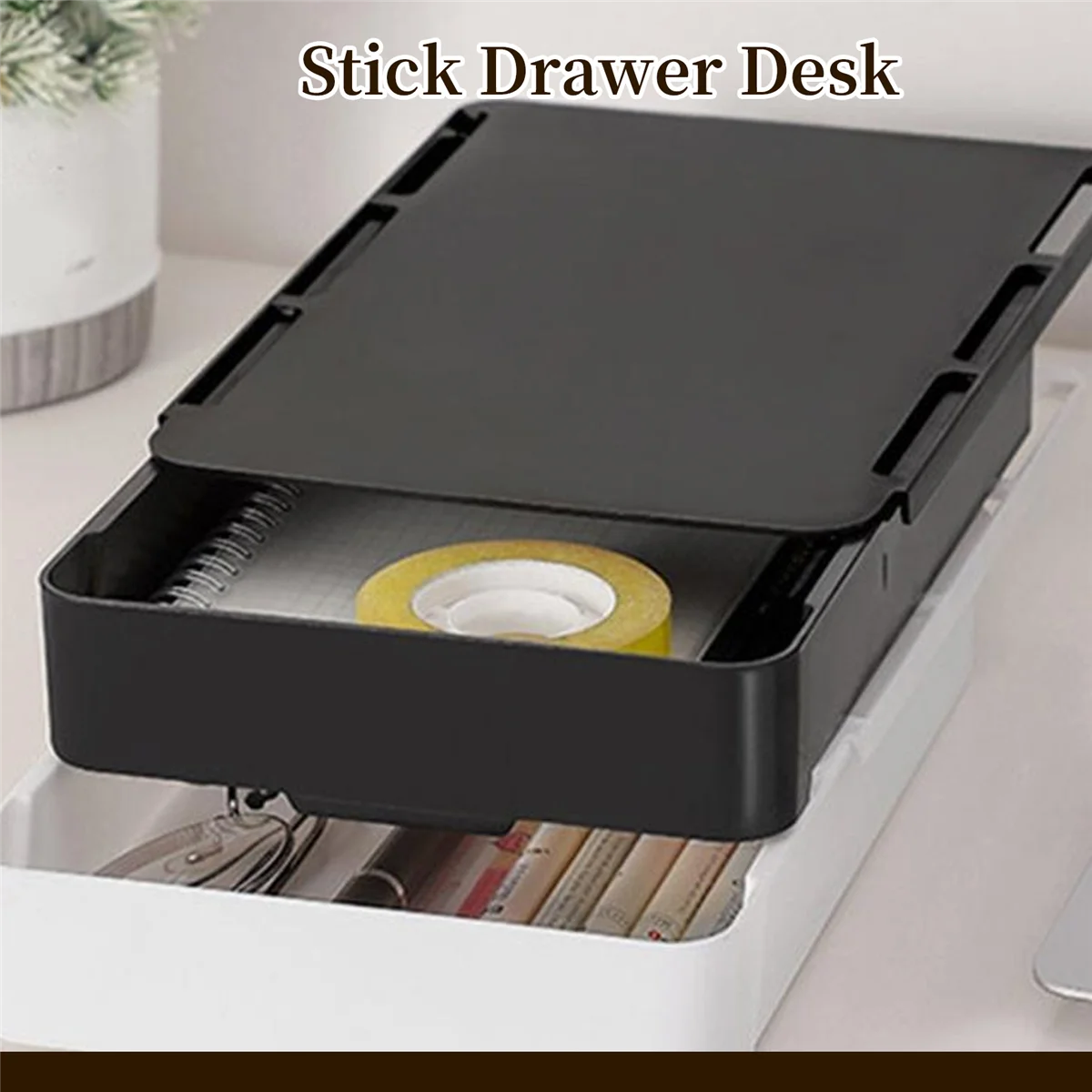 NOCM Under Desk Drawer Organizer Storage Box Self-Adhesive Stationary Container Desk Makeup Holder Black