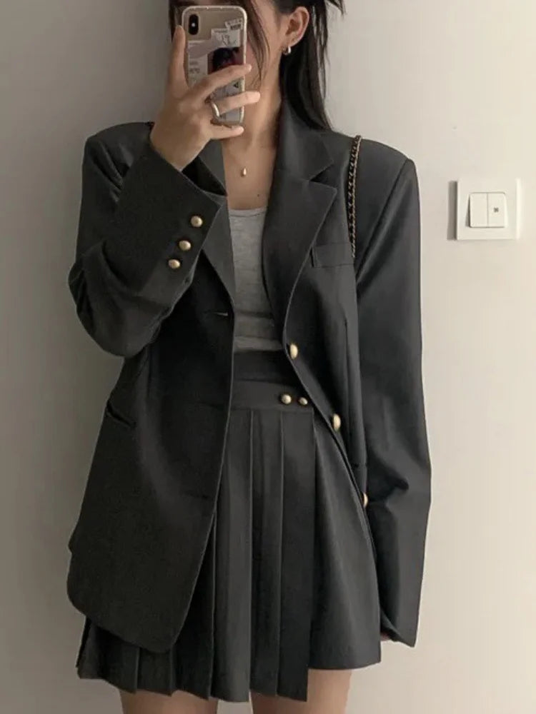 Fashion Women Vintage Chic Blazer Two Pieces Set Casual Loose Jackets Coat Mini Skirts Suit Female Elegant Korean Formal Outfit