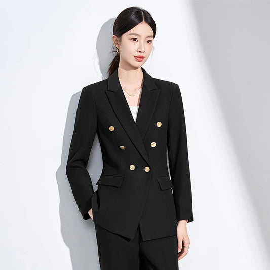 ZJYT Elegant Business Chic Blazer Suit Trousers 2 Piece Sets Woman 2025 Fall Double Breasted Jacket and Pants Sets White Outfits