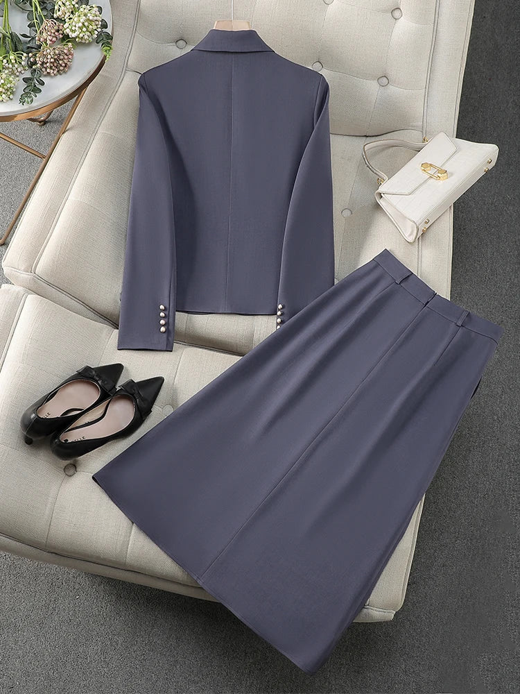 Fashion Women Formal Blazer Skirt Suit Ladies Black Green Black Female Two Piece Set For Spring Autumn Winter