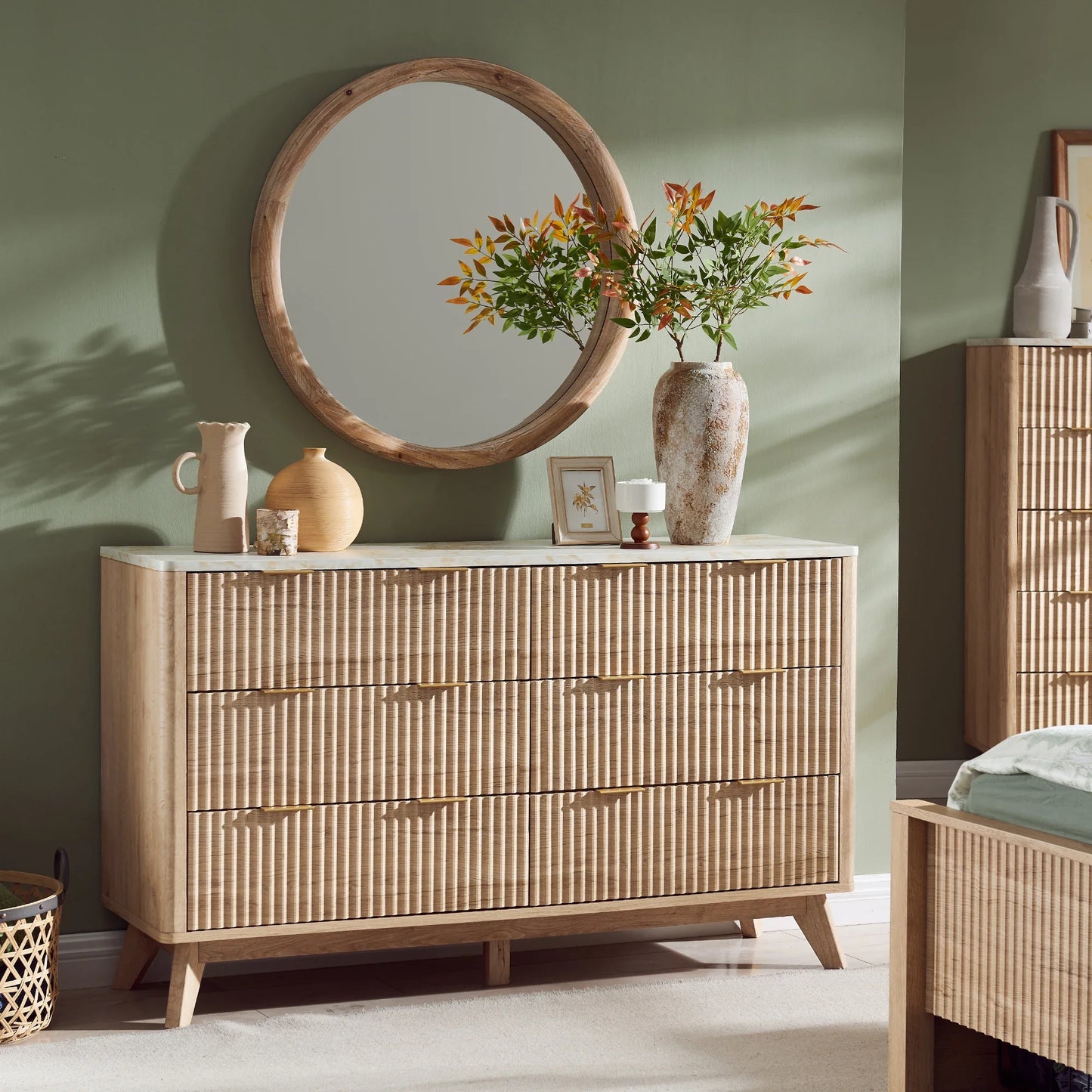 BJ Redlemon Fluted 6 Drawers Dresser, 54" Wide Modern Chest Of Drawers With Faux Marble Top