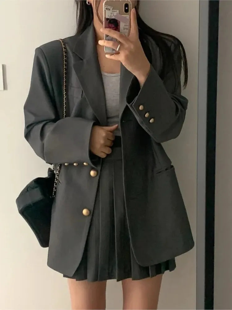 Fashion Women Vintage Chic Blazer Two Pieces Set Casual Loose Jackets Coat Mini Skirts Suit Female Elegant Korean Formal Outfit