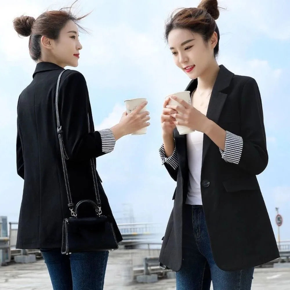 Classic Stripe Elegant Suit Jacket Casual Long Sleeve Suit Coat Women Loose College Clothes Professional Office Blazer Women
