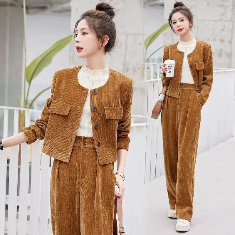 Lnsozkdg Autumn Corduroy Sets Cardigan Coats + Wide Leg Pants 2Pcs Suit Solid Ladies Elegant Outfits Female Fashion Streetwear