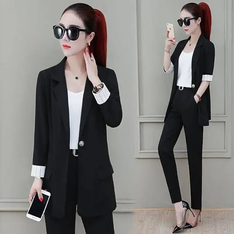 Professional Splicing Outfit Baggy Trouser Suit Green Wear To Work Office Black Womens 2 Pant Sets Blazer and Xxl with Sleeve D