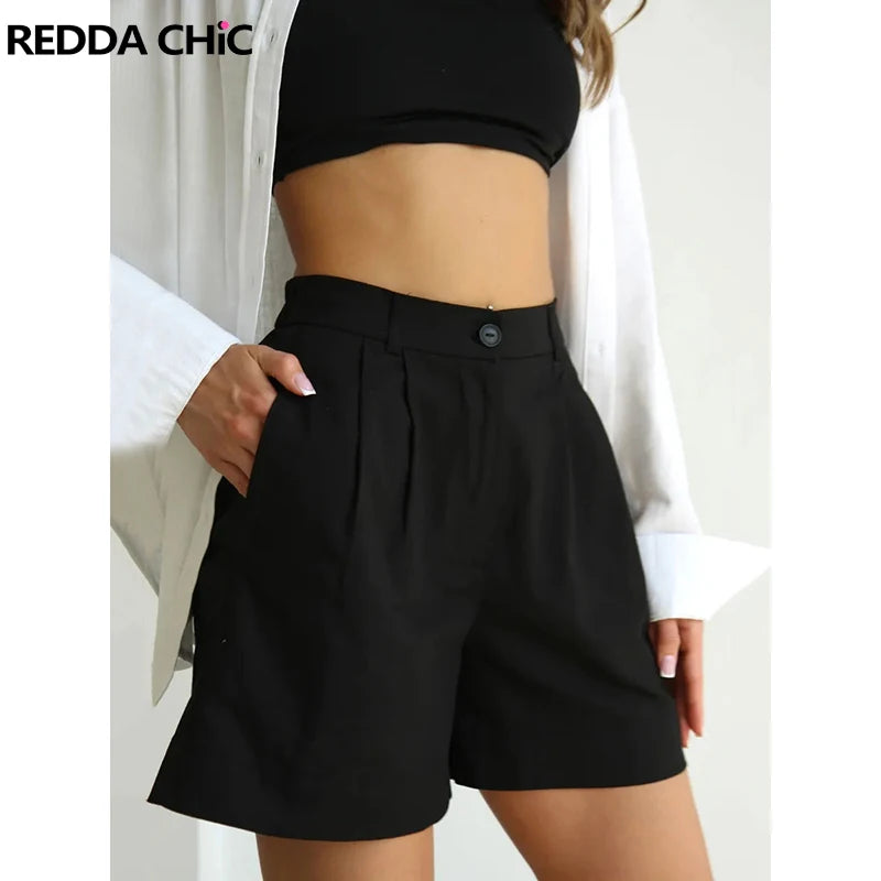 ReddaChic Solid Black Suit Shorts with Pockets Summer Work Casual High Waisted Pleated A Line Wide Leg Dress Pants Women Bottoms