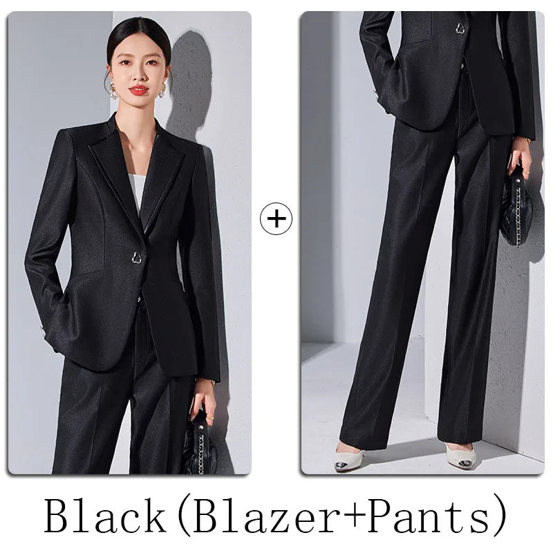 Elegant Single Button Blazer Suit Pant Sets for Women 2 Pieces Business Formal Office Outfit Autumn Plus Size Jacket Trousers