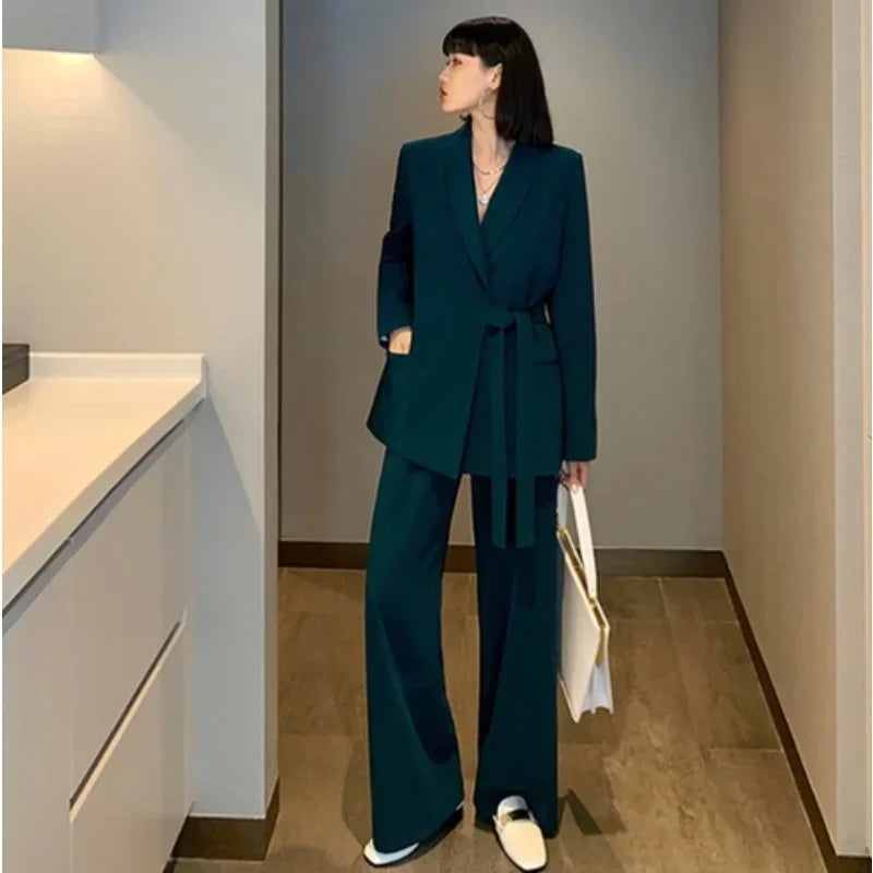 Insozkdg Vintage Two Piece Sets Lapel Loose Lace-up Blazers Tops + Wide Leg Pants Set 2024 Autumn Female Outfits Suit Set Women
