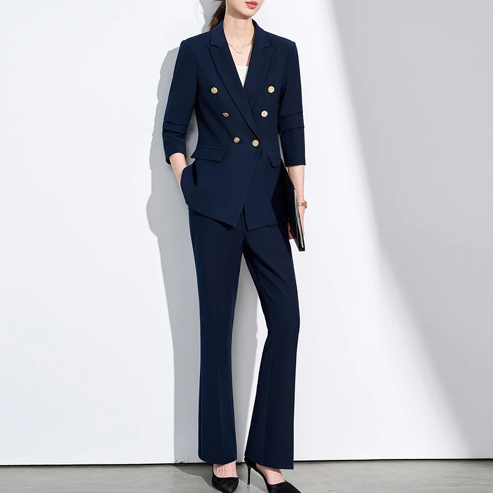 ZJYT Elegant Business Chic Blazer Suit Trousers 2 Piece Sets Woman 2025 Fall Double Breasted Jacket and Pants Sets White Outfits