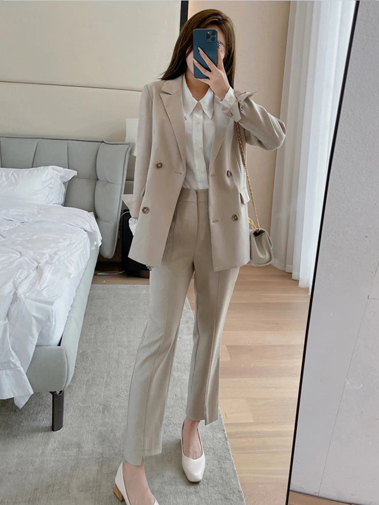 Fashion Spring Autumn Formal 2 Piece Outfit Suits Women Ladies Clothes Commute Casual Solid Tops Coat Blazer Suit Long Pants Set