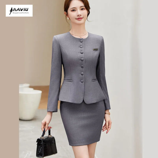NAVIU Formal Skirt Suits Two Piece Set Women 2025 Office Ladies Single Button Slim Blazer High Waisted Suits Skirt Work Wear