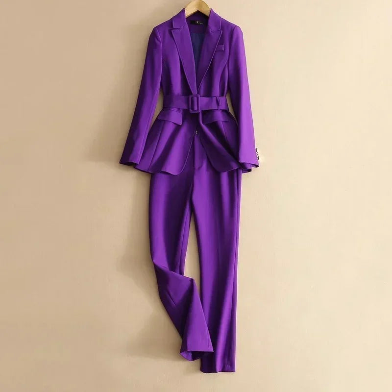 Two Piece Formal Suits Fashion Suit Office Ladies Women's Pantsuit Purple Business Classic with Belt Blazer Straight Pants Set