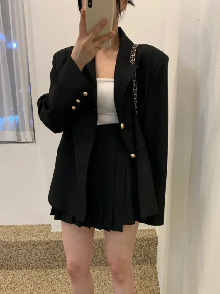 Fashion Women Vintage Chic Blazer Two Pieces Set Casual Loose Jackets Coat Mini Skirts Suit Female Elegant Korean Formal Outfit