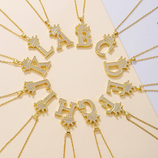 1PCS Fashionable Gold Diamond Crown Uppercase Letter Popular Pendant