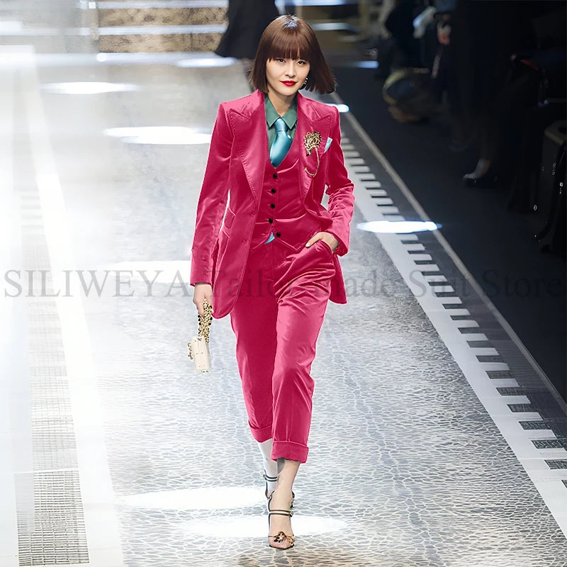 Luxury Green Velvet Winter Clothes for Women 3 Pieces Jacket Pants Vest Female Suits Formal Office Banquet Lady's Blazers Sets