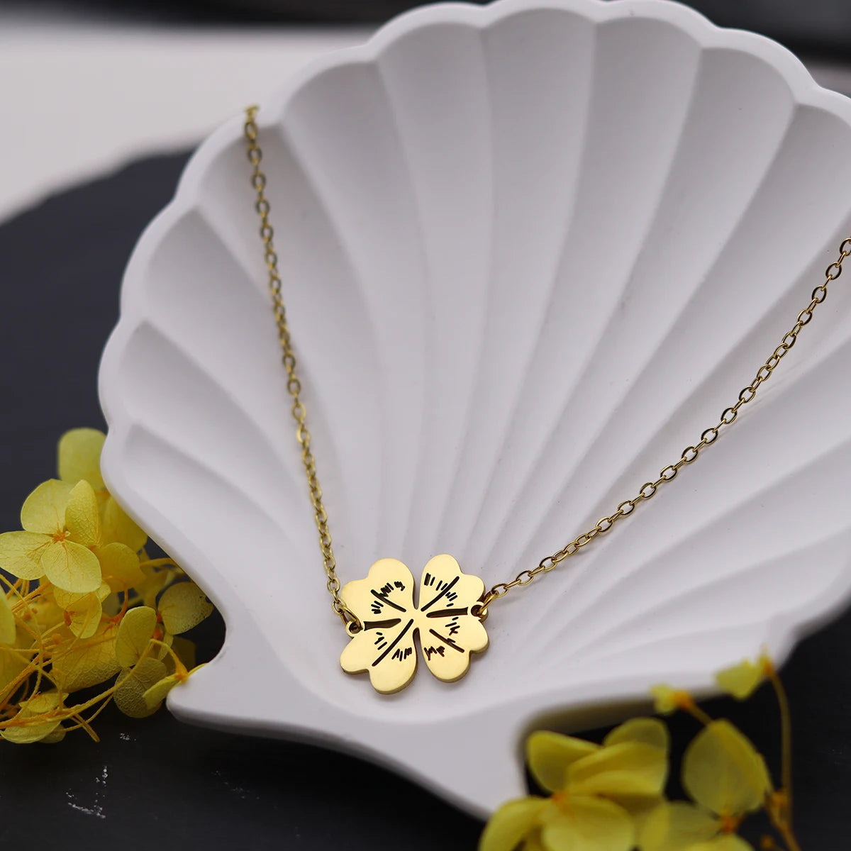 Kinitial Stainless Steel Necklace For Women Man Lover's Flower Leaves Gold Color Pendant Necklace Engagement Jewelry