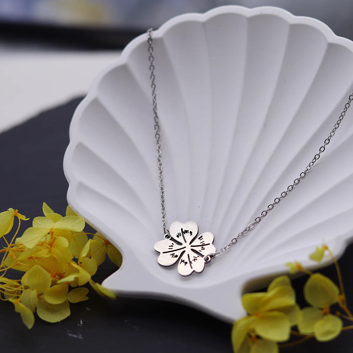 Kinitial Stainless Steel Necklace For Women Man Lover's Flower Leaves Gold Color Pendant Necklace Engagement Jewelry