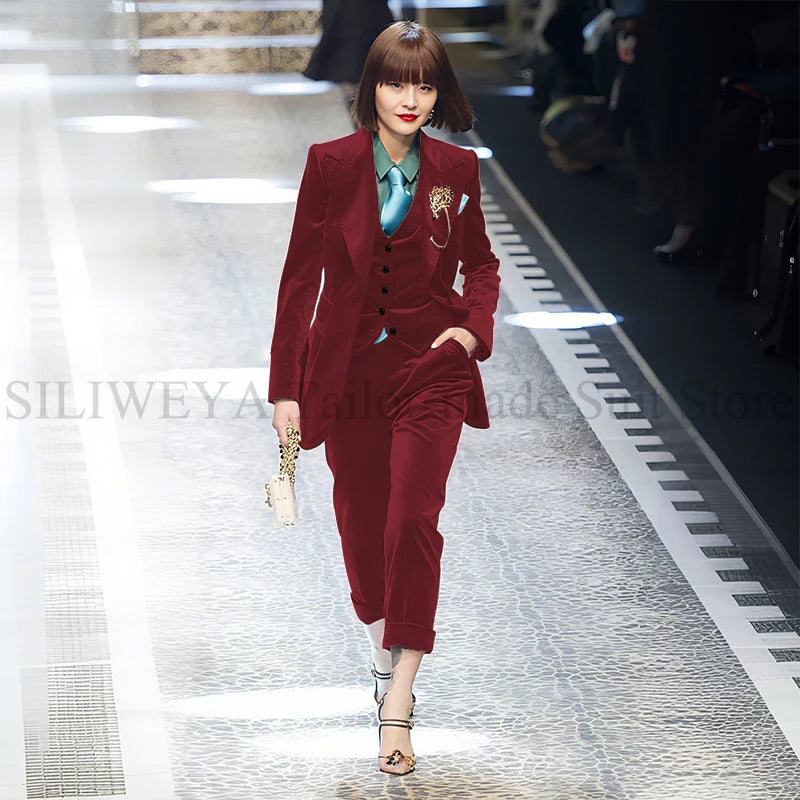Luxury Green Velvet Winter Clothes for Women 3 Pieces Jacket Pants Vest Female Suits Formal Office Banquet Lady's Blazers Sets