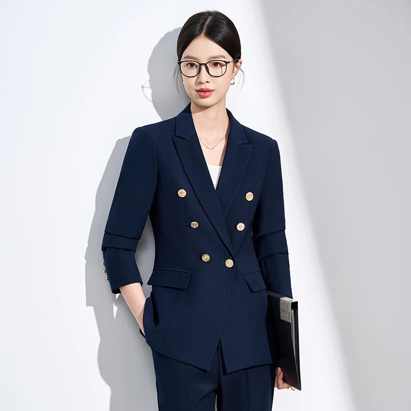 ZJYT Elegant Business Chic Blazer Suit Trousers 2 Piece Sets Woman 2025 Fall Double Breasted Jacket and Pants Sets White Outfits
