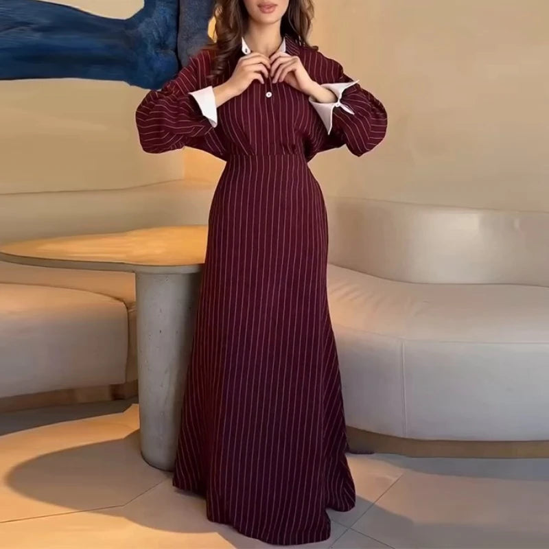 Fashion New Autumn Winter Office Lady Women's Single Breasted Long Sleeved Shirt with Hip Wrapping Striped Long Skirt Set