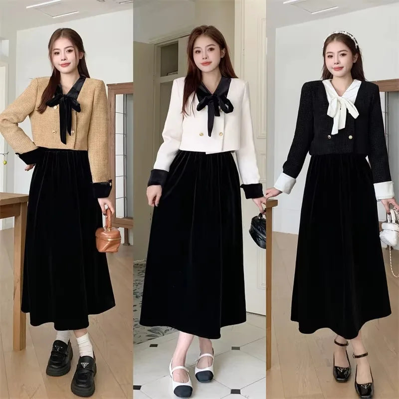 Insozkdg Winter New Elegant 2 Piece Sets Womens Vintage Black Blazer Skirts Suit Femme Outfits Autumn Korean Fashion Y2k Clothes