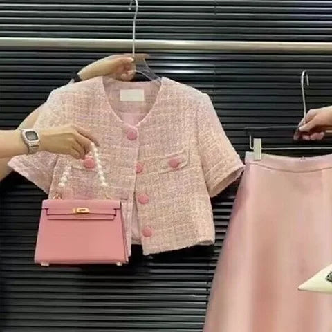 2025 Summer Pink French Suit Set Women's - Hong Kong Chic Sleeveless Blazer & Skirt Two Piece Set Luxury Light Elegant Outfit