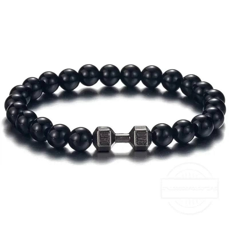 High Quality Men's Beaded Bracelet Natural Black Matte Agate Dumbbell Charm Bracelet Energy Fitness Barbell Fashion Jewelry