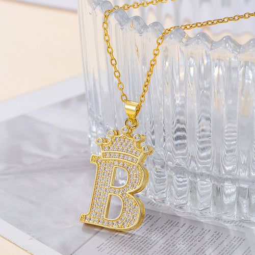 1PCS Fashionable Gold Diamond Crown Uppercase Letter Popular Pendant