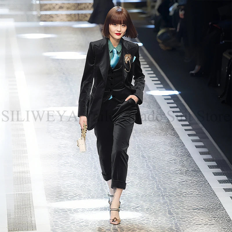 Luxury Green Velvet Winter Clothes for Women 3 Pieces Jacket Pants Vest Female Suits Formal Office Banquet Lady's Blazers Sets